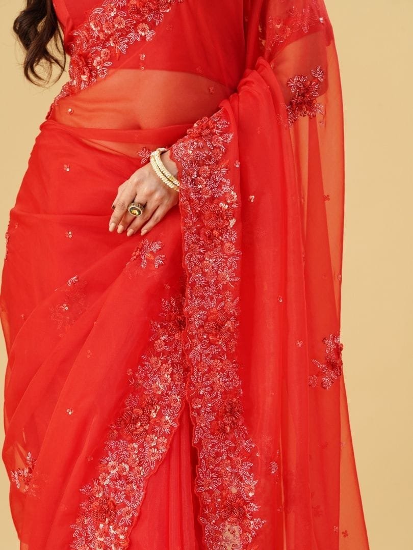 Red Organza Embroidered Saree With Unstitched Blouse main image 0